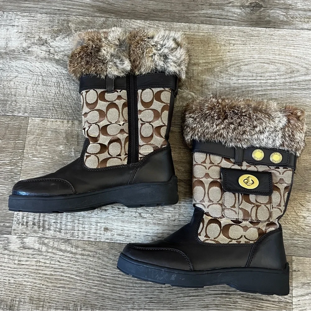 Coach Kimberly Vintage Genuine Rabbit Fur Trim Winter Boots with Coach Logo